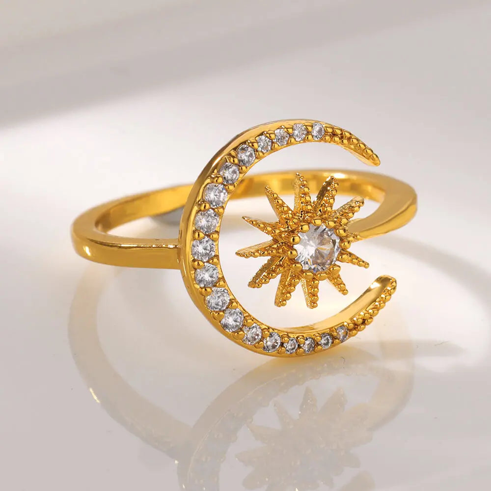 Goldfarbene Edelstahl Geometrische Ringe für Frauen Zirkon Herz Sonne Mond Offener Ring Mode Ästhetischer Schmuck Hochzeitsgeschenk