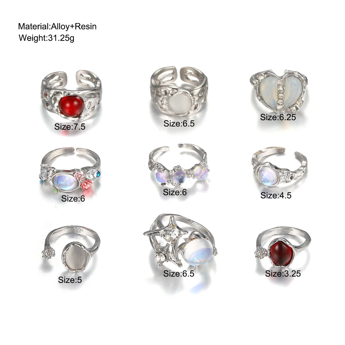 9 Stück Y2K Kristallringe Kpop Herz Verstellbarer Ring Unregelmäßige Geometrie Punk Vintage Ringe Set für Frauen Mädchen Neuer Modeschmuck