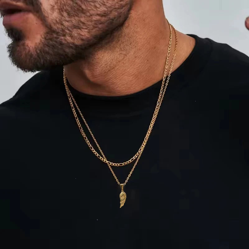 Collar con colgante de ala de ángel chapado en oro de 18 quilates - Diseño de pluma vintage para hombres, cadena de acero inoxidable, regalo de joyería
