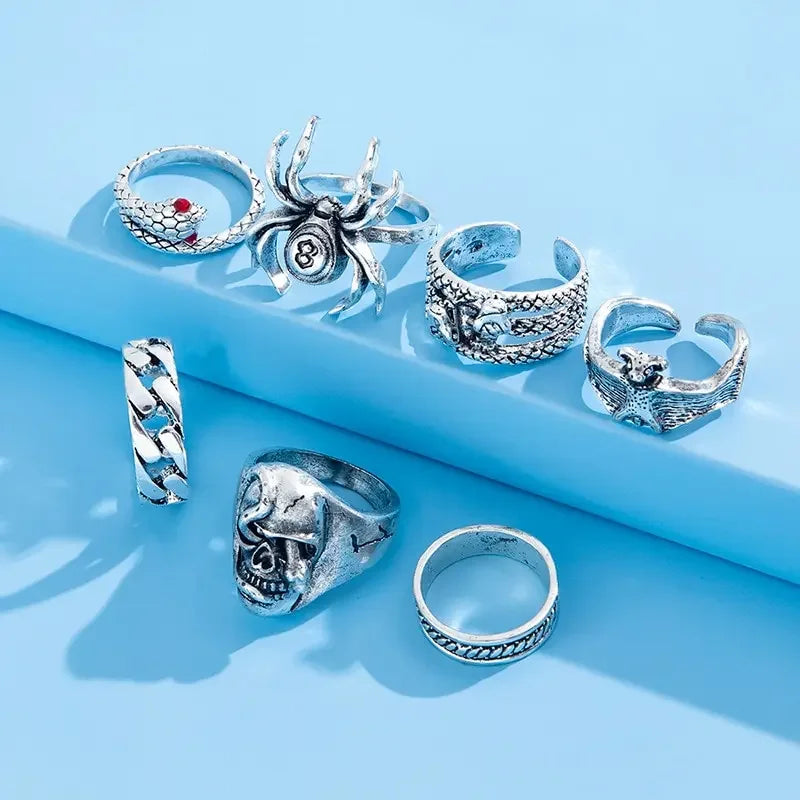 Punk Gothic Skelett Unisex Ring Set Grunge Schmetterling Frosch Frau Mann Schmuck Hip Hop Party Street Ring 2024 Neues Schmuckgeschenk