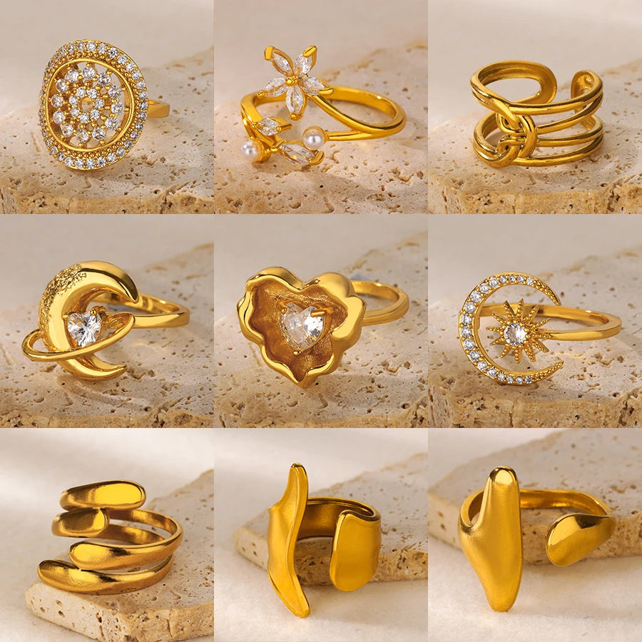 Goldfarbene Edelstahl Geometrische Ringe für Frauen Zirkon Herz Sonne Mond Offener Ring Mode Ästhetischer Schmuck Hochzeitsgeschenk