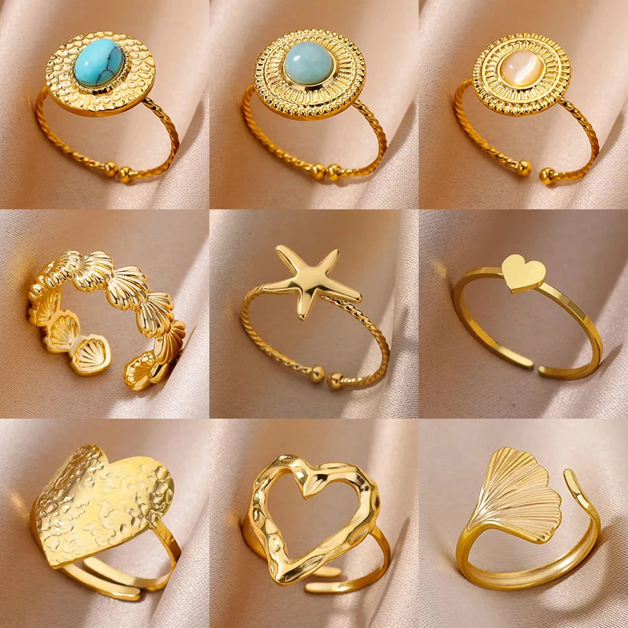 Goldfarbener Edelstahl Muschelringe für Frauen Vintage Oval Blauer Stein Verstellbarer Ring Mode Party Schmuck Jubiläumsgeschenk