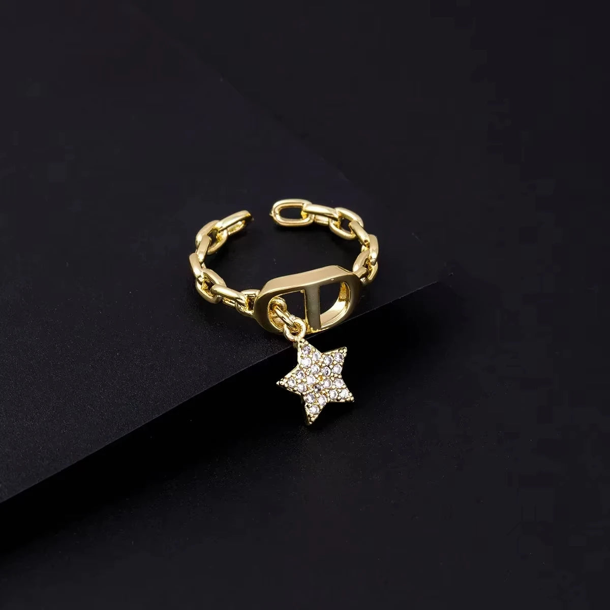 Stern Diamant Buchstaben CD Ring Nische Design Anhänger Trendiger Alltag Vielseitiger Damenring Neu Offener Verstellbarer Ring