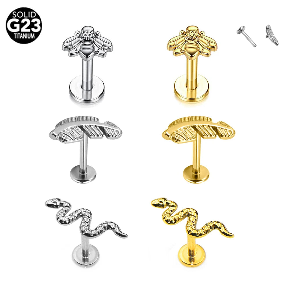 Piercing Labret G23 Titanio Serpiente Abeja Pluma 16G Rosca Interna Pendiente Cartílago Hélice Joyería Corporal