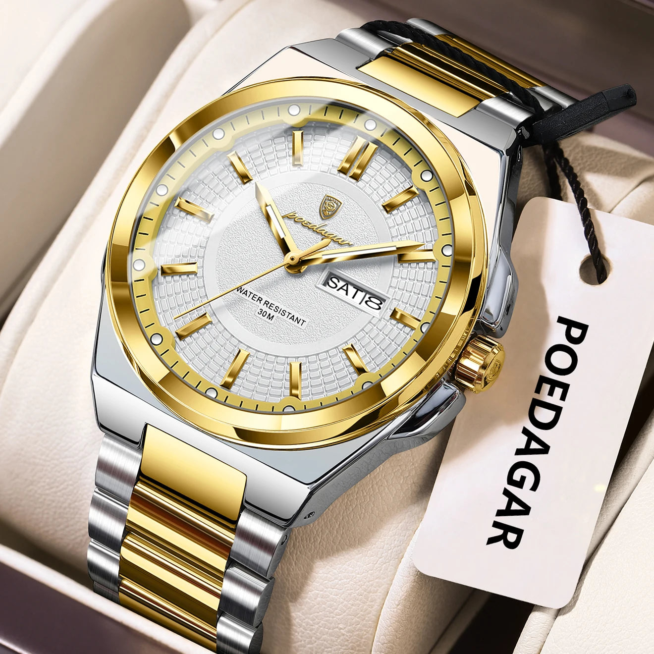 POEDAGAR Top Original Relojes de Hombre Acero Inoxidable Impermeable Luminoso Reloj de Hombre Fecha Semana Clásico de Moda Reloj de Pulsera de Cuarzo para Hombre