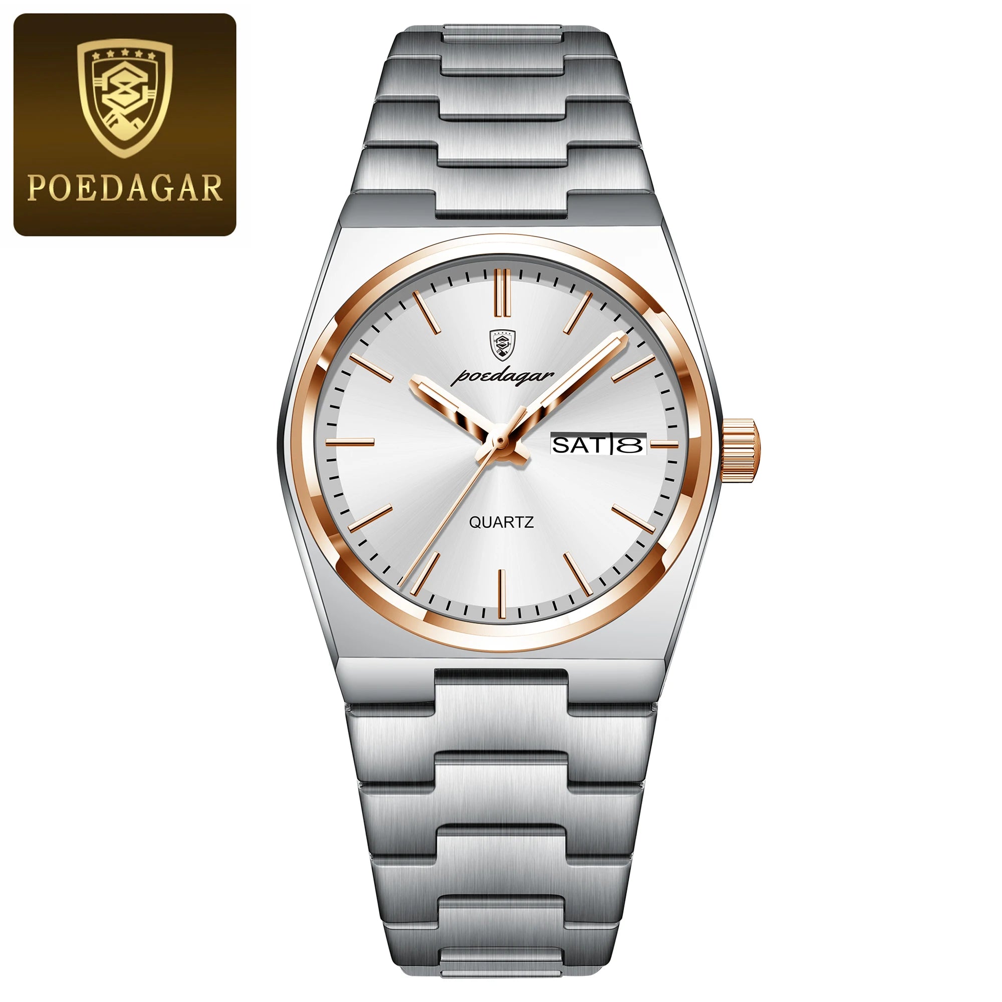 POEDAGAR Reloj de lujo para mujer, impermeable, luminoso, a la moda, de cuarzo, para señora, con fecha, día de la semana, de acero inoxidable, Reloj