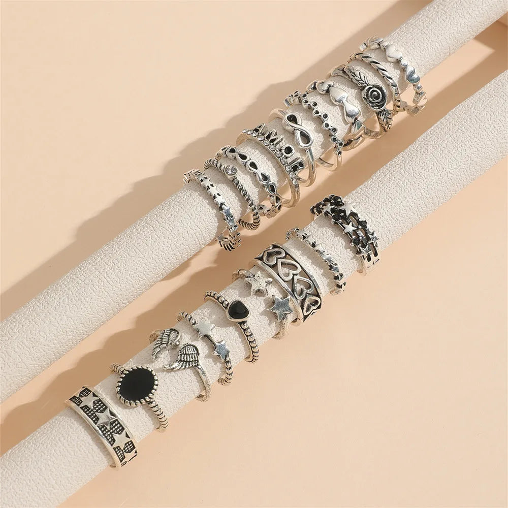 19 Teile Retro Punk Fingerring Set für Frauen Vintage Herz Flügel Stern Gothic Ring Damen Mode Schmuck Accessoires
