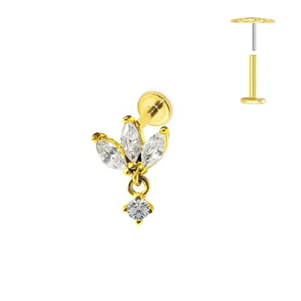 Pendiente de cartílago sin rosca con colgante de luna y estrella de titanio G23 para piercing labret con cono puntiagudo
