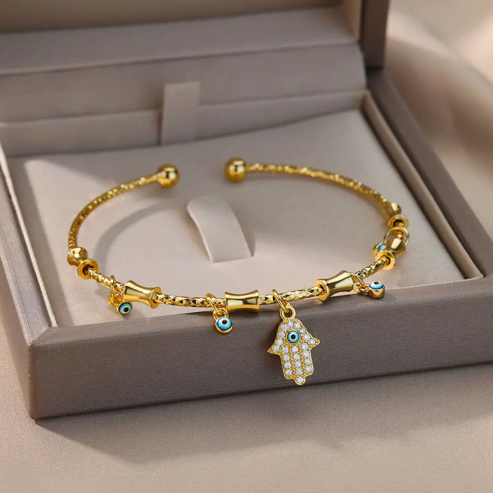Hand Evil Eye Armband für Damen Edelstahl Zirkon Armreif Sets Türkischer Luxus Party Schmuck pulseras bijoux femme