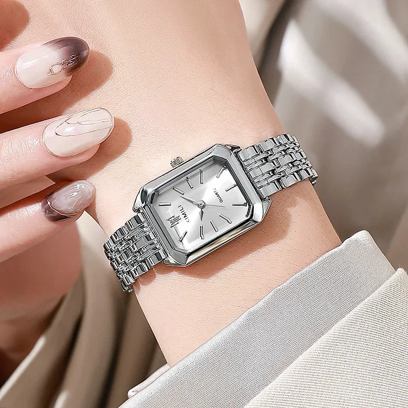 2025 Marca de moda de acero inoxidable correa de reloj para mujer, reloj de pulsera de cuarzo de lujo, reloj de cuarzo cuadrado simple para estudiantes