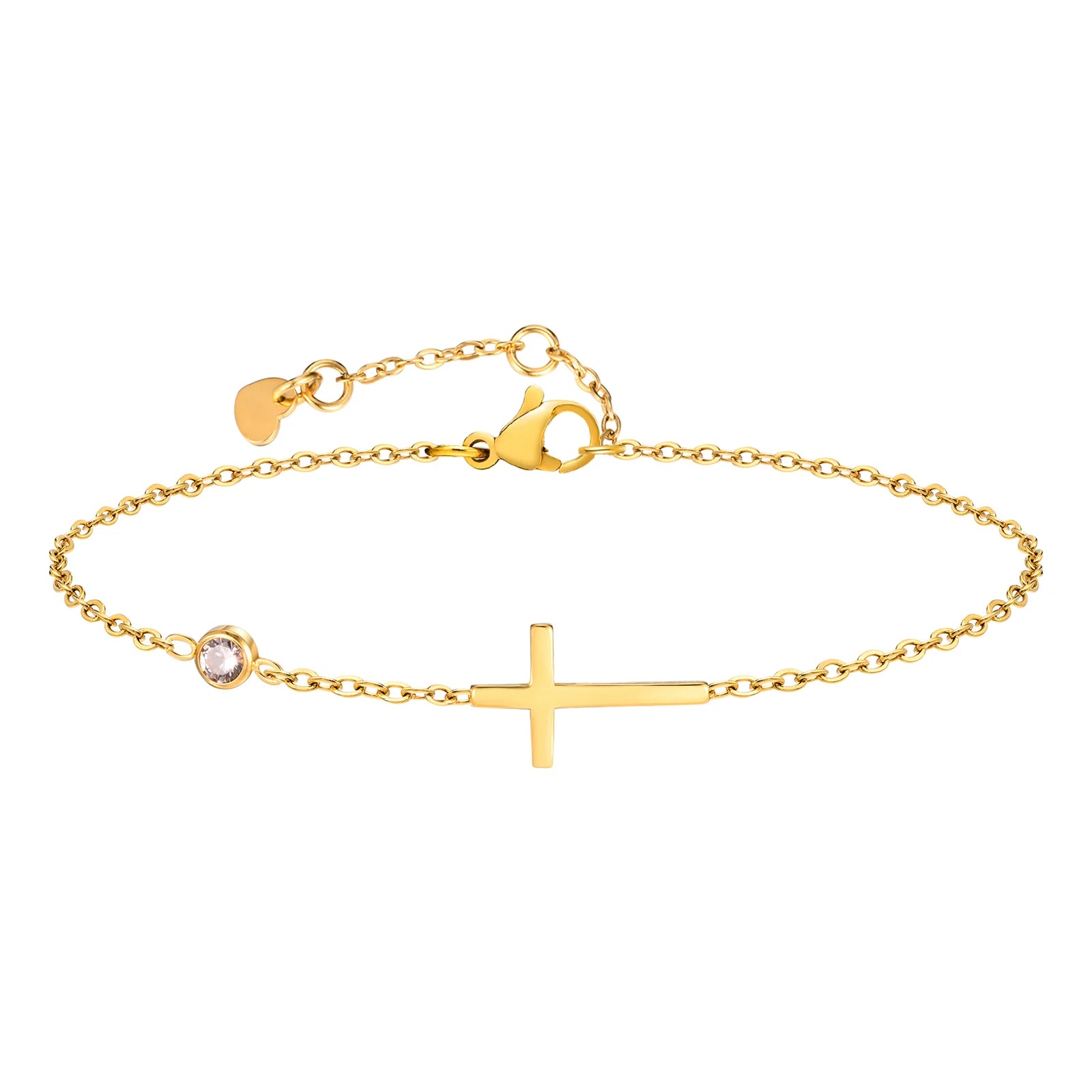 Geburtsstein Zirkonia dünnes Kettenarmband Kreuz Edelstahl Damen verstellbares geschichtetes Armband