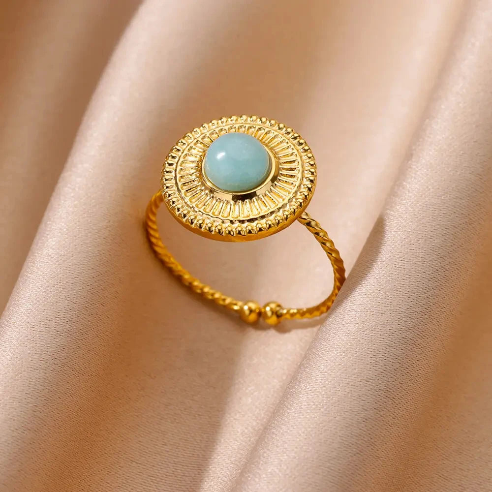 Goldfarbener Edelstahl Muschelringe für Frauen Vintage Oval Blauer Stein Verstellbarer Ring Mode Party Schmuck Jubiläumsgeschenk