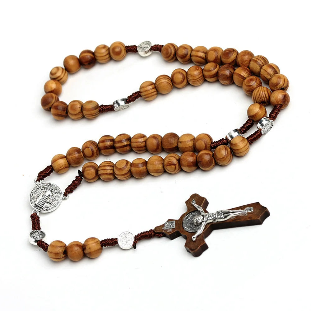 Rosario de cuentas de madera de 10 MM, collar con cruz, para mujeres y hombres, con Virgen María e INRI, cadena con colgante, joyería religiosa de moda