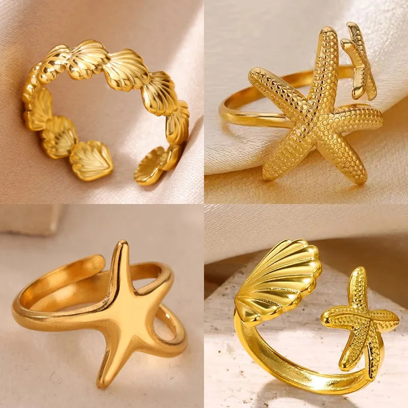 Anillos abiertos de acero inoxidable con forma de estrella de mar para mujer, color dorado, geométricos, ajustables, para bodas, fiestas, moda, regalo, anillos