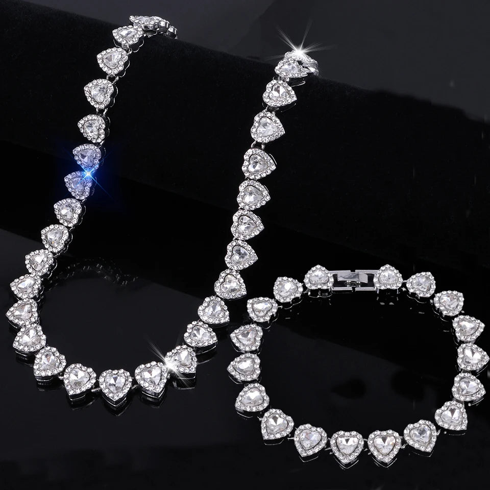 Yupsk 45CM/20CM Shiny Heart Rhinestone Hip Hop Rock Tennis Chain Bracelet Necklace for Women Men Trendy Jewelry Set Gift