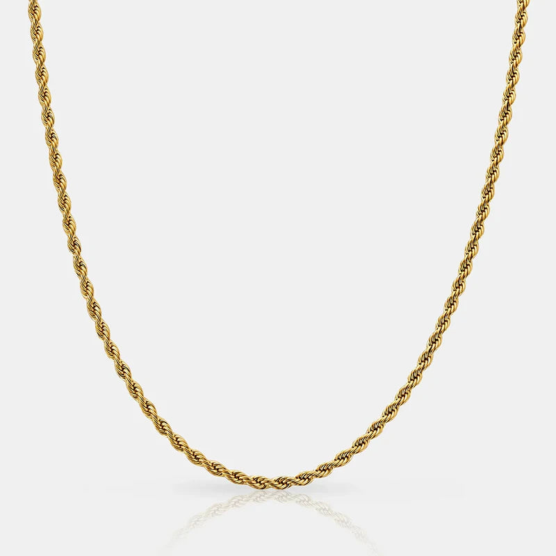 Cadena de cuerda clásica impermeable de 3 mm de acero inoxidable chapado en oro de 18 quilates para hombre y mujer, accesorios de joyería