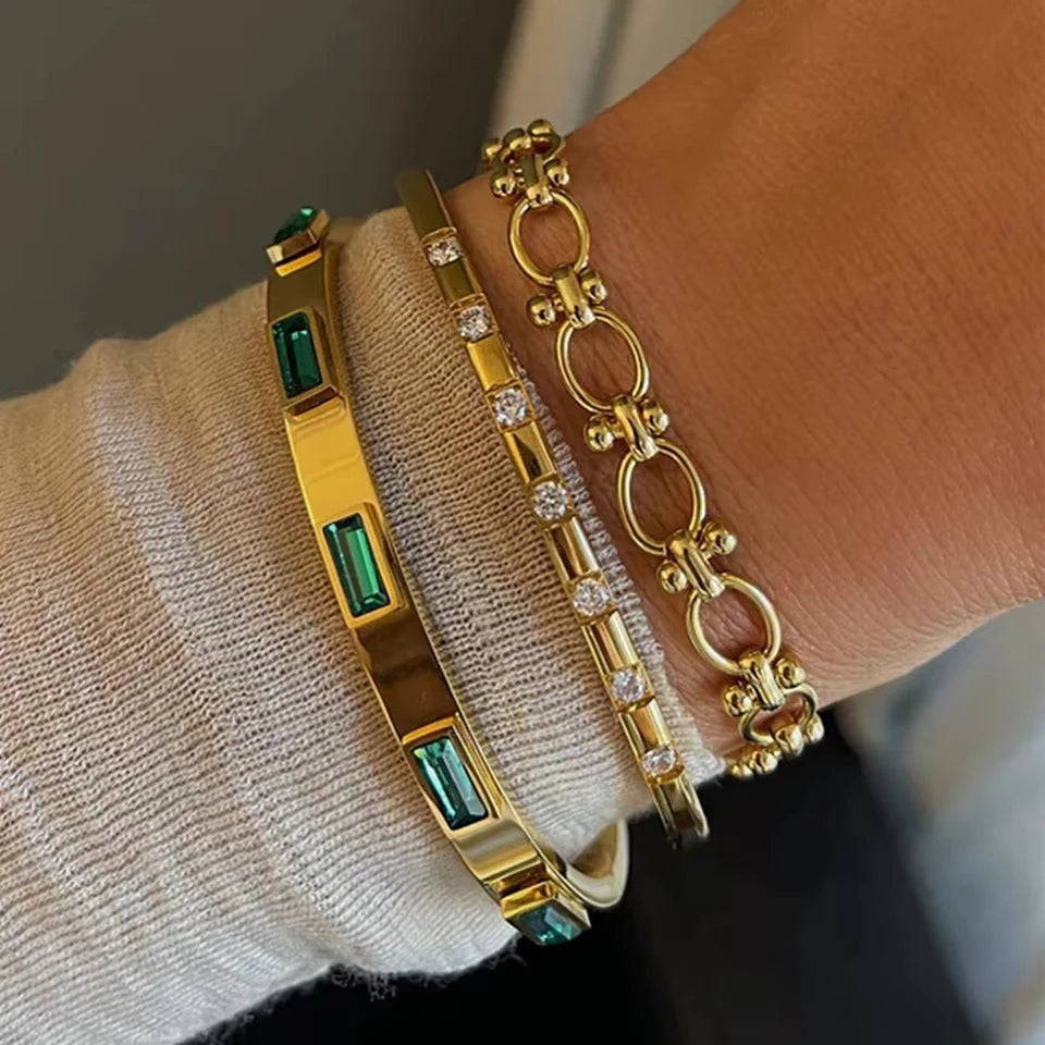 Yupsk 3Pcs Gold Color Stainless Steel Stacked Bangle Bracelets for Women Exquisite Inlaid Zircon Waterproof Party Jewelry