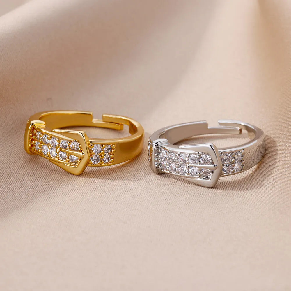 Anillos de cinturón de acero inoxidable para mujer, anillos de dedo de cinturón ajustables de circonita, joyería geométrica estética de boda, regalo