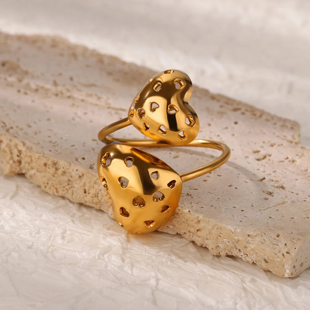 Anillos de doble corazón para mujer, color dorado, acero inoxidable, anillo abierto ajustable, joyería estética de moda para fiesta o boda, regalo