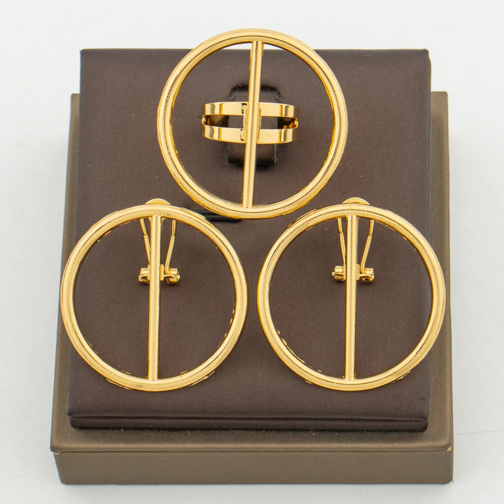 Brasilianische runde Ohrringe mit Ring-Set für Damen, 18 Karat vergoldet, Clip-Ohrringe und Fingerring-Set für Hochzeiten, tägliche Kleidung, Geschenke