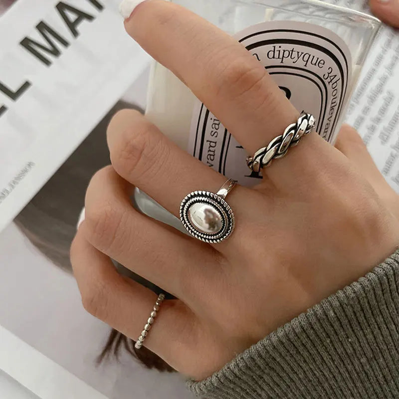 Anillos de plata de ley 925, accesorios para parejas, diseño trenzado vintage a la moda, forma redonda geométrica, joyería de plata tailandesa