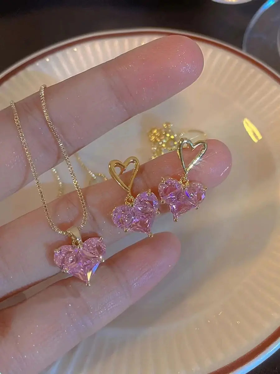 3tlg. Trendiges Y2K Herzförmiges Zirkon Rosa Kristall Anhänger Ohrringe Halsketten Set für Frauen Herz Elegant Exquisiter Party Schmuck