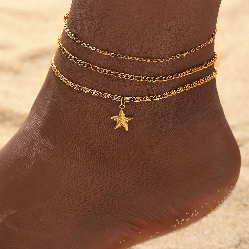 woiwoi Stainless Steel Anklet Starfish Triple Stacking Chain Light Luxury Fashion Elegant Ladies Anklet Jewelry Party  Match