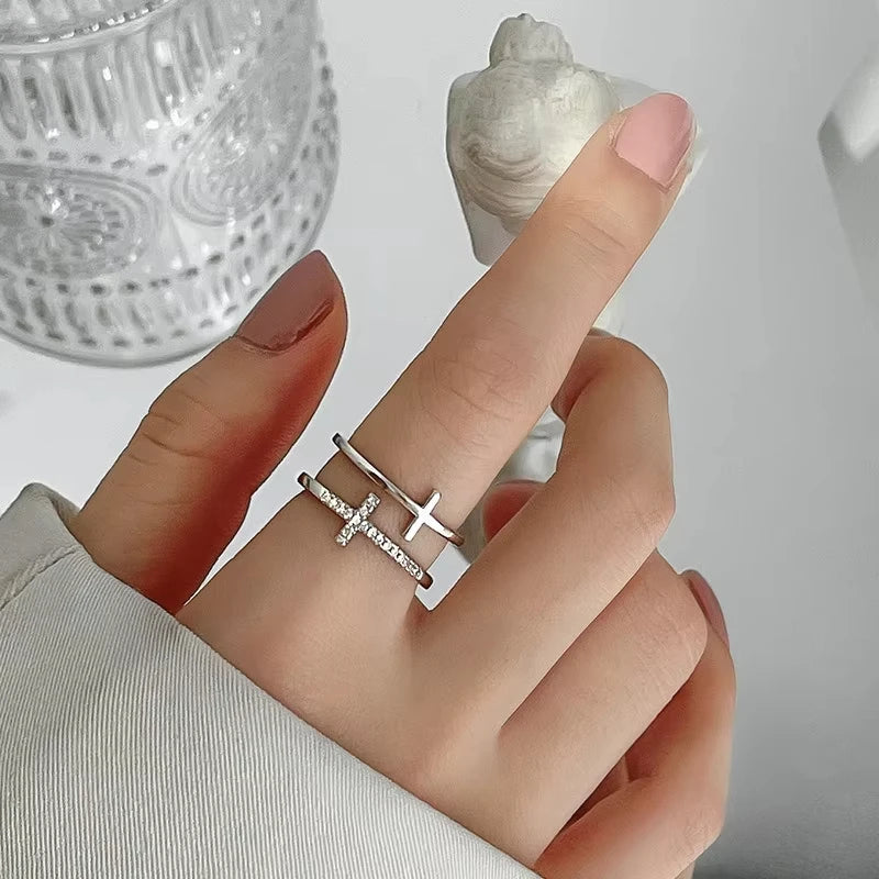 Anillo Abierto Doble Capa Cruzado para Mujer, Minimalista, Color Oro Plata, Ajustable, Joyería Femenina para Fiesta Boda