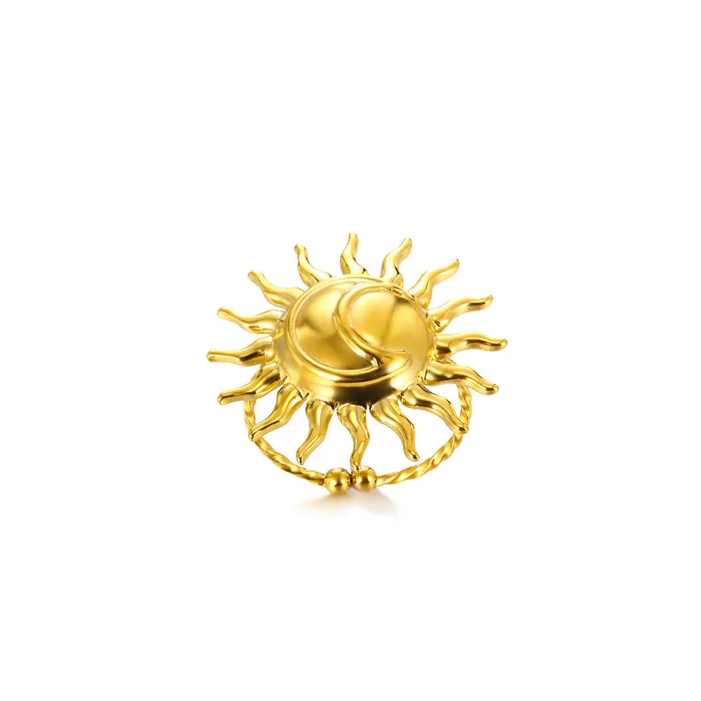 Elegante Edelstahl Big Bloom Blumenringe für Frauen Goldfarbe Sonne Seestern Offener Ring Fingerschmuck Hochzeit Ihr Geschenk Punk