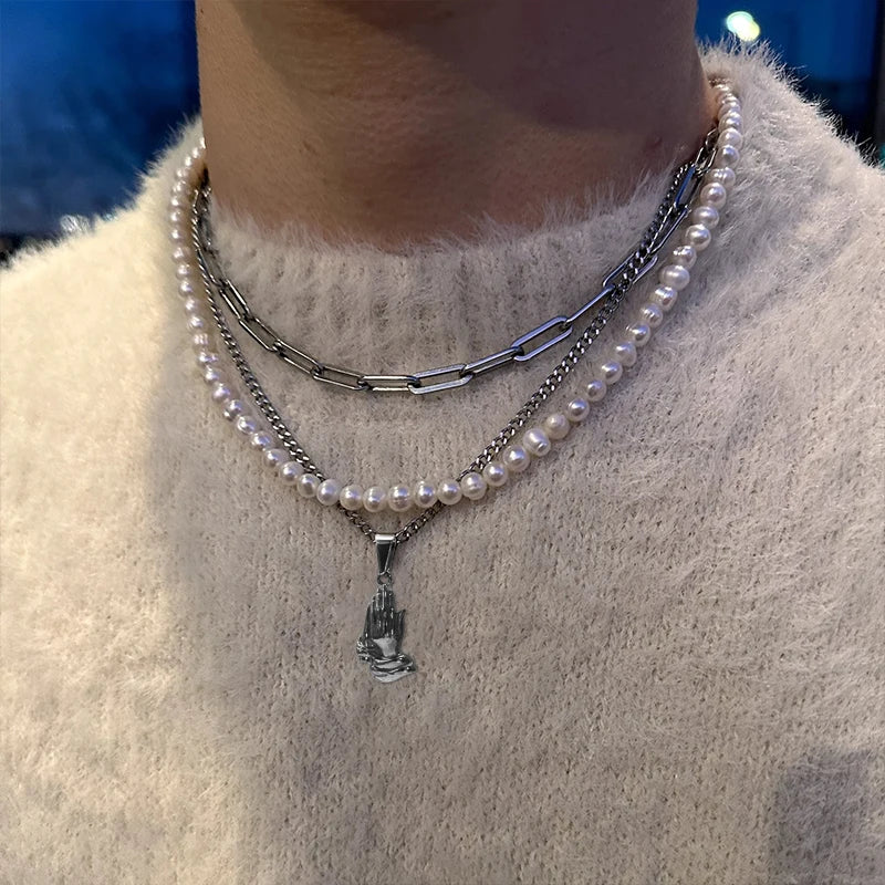 Colgante Manos Orando Estilo Hip Hop Chapado en Oro de 18k Acero Inoxidable Dijes Accesorios de Joyería para Hombre