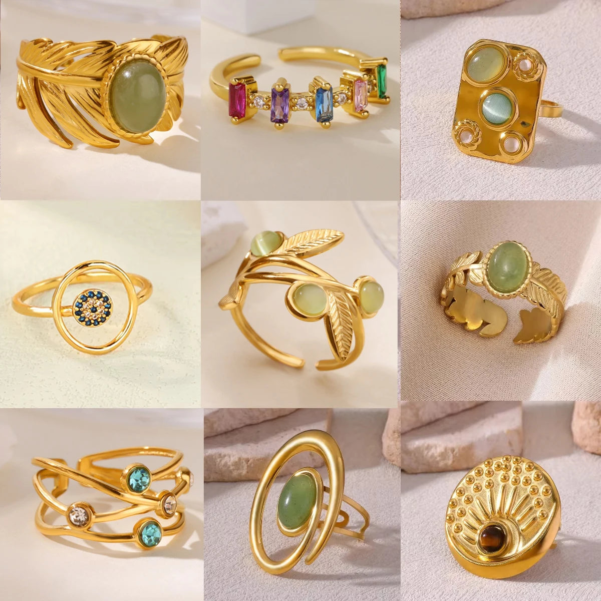 Vintage Grüne Stein Offene Edelstahlringe Für Frauen Mode Goldfarbe Blume Zirkon Ring Schmuck Ästhetische Anillos Geschenk
