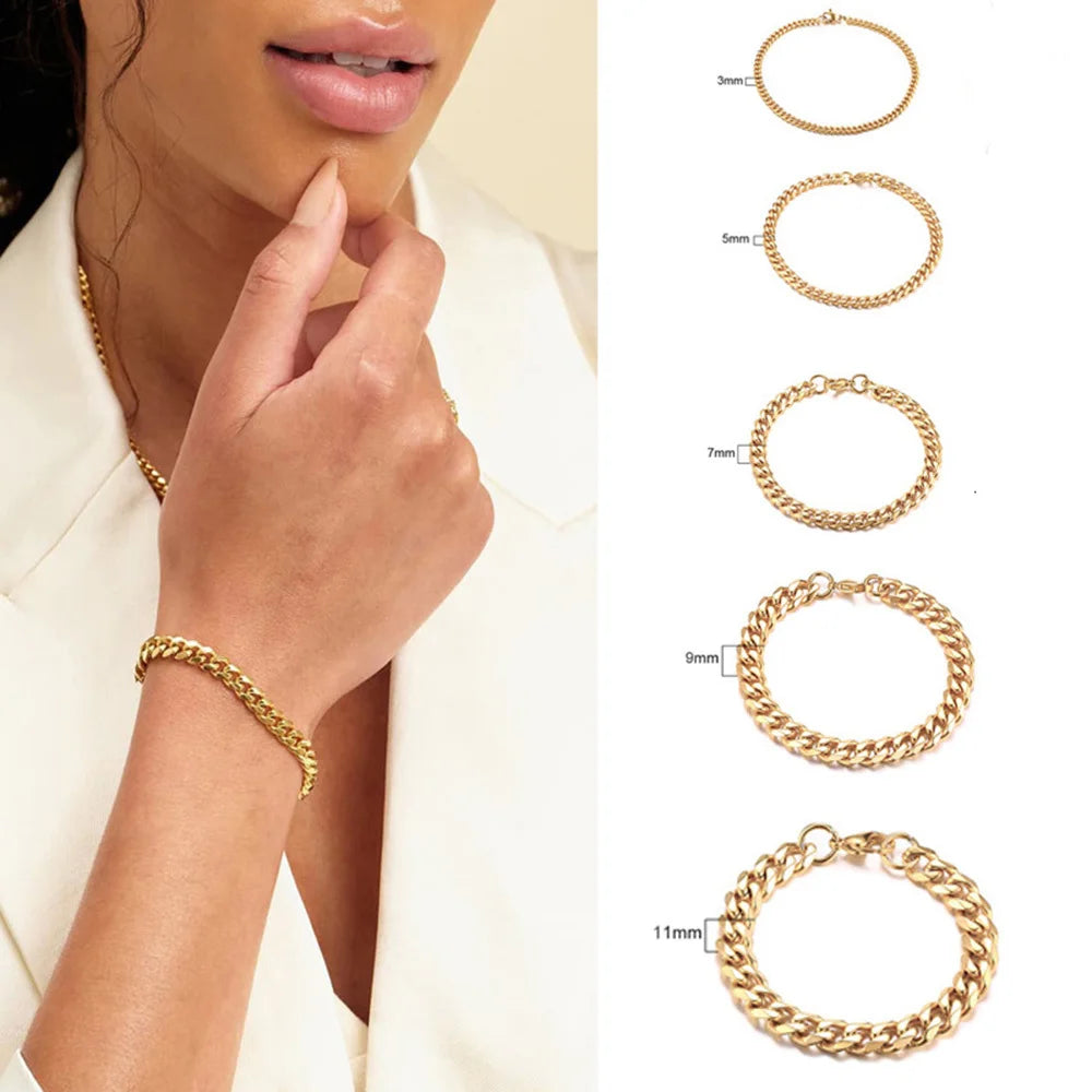 Edelstahl-Kettenarmband für Damen, 3 mm bis 9 mm, Curb Cuban Chain Armreif, Goldfarben, Unisex, stapelbarer Schmuck