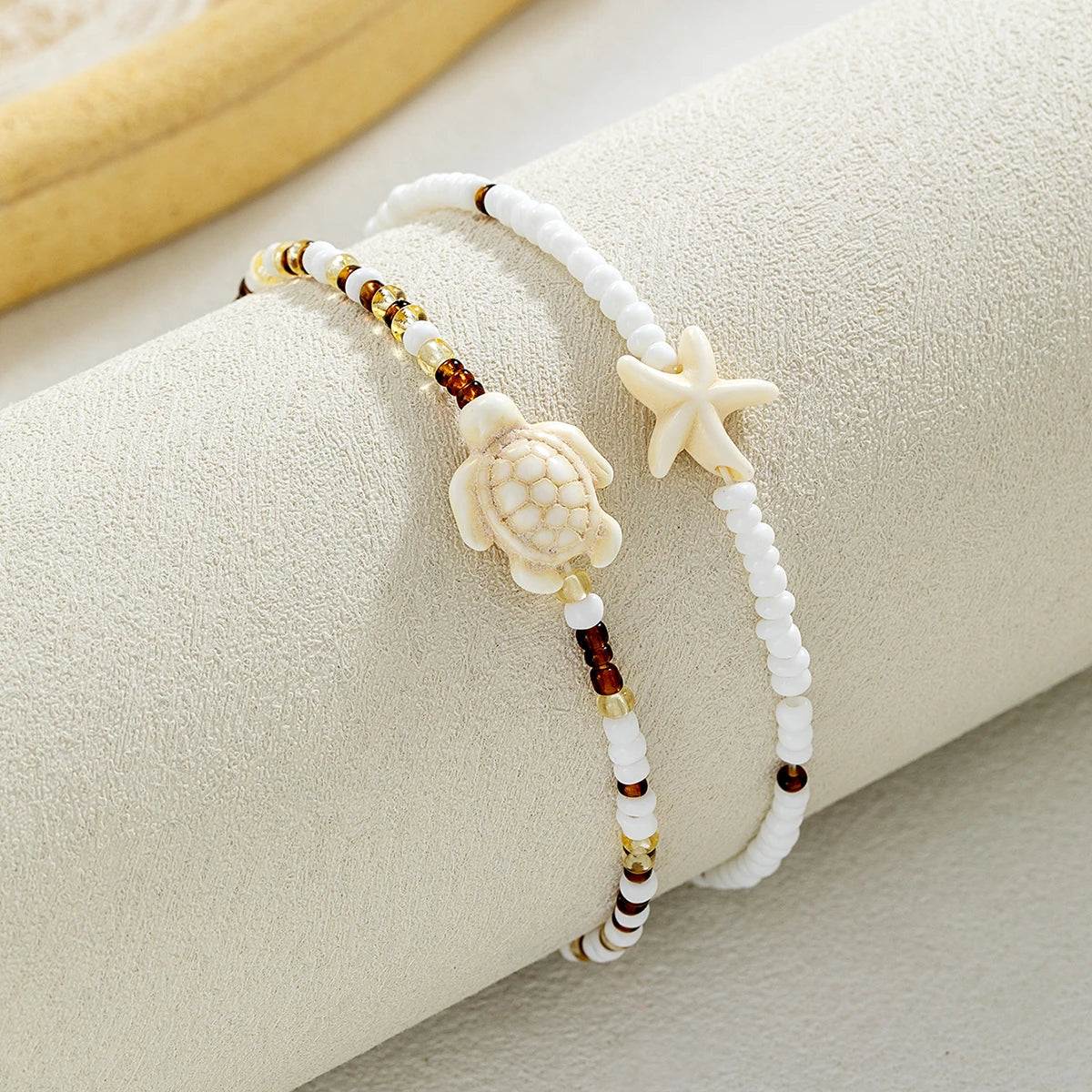 2 Bohemian style turquoise starfish turtle ankle chains, double-layer layered mixed color rice bead beach ankle chains
