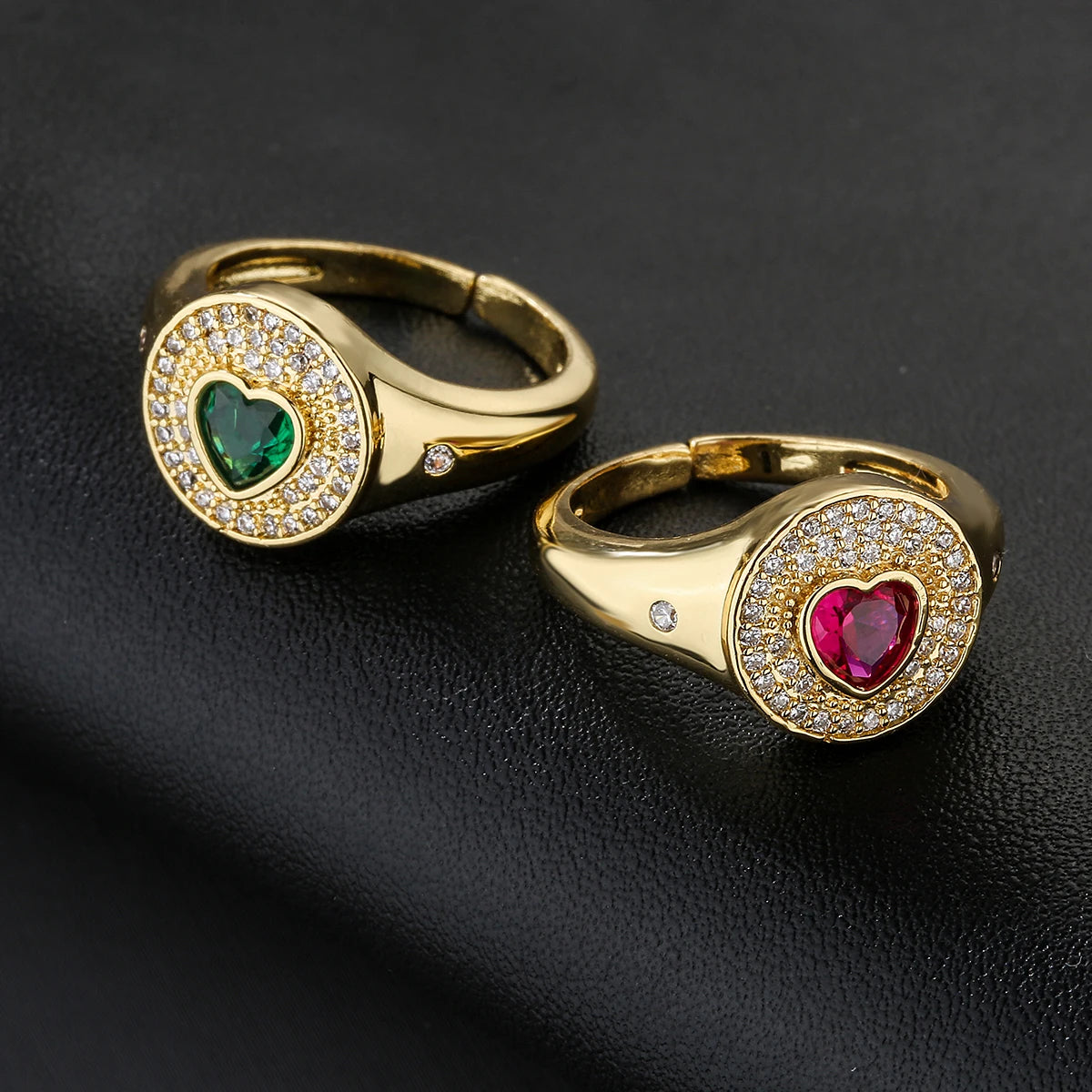 NEWBUY 2024 Heißer Verkauf Rot/Grün CZ Zirkon Herz Ringe für Frauen Verstellbar Goldfarben Kupfer Hochzeitsschmuck Femme Bijoux