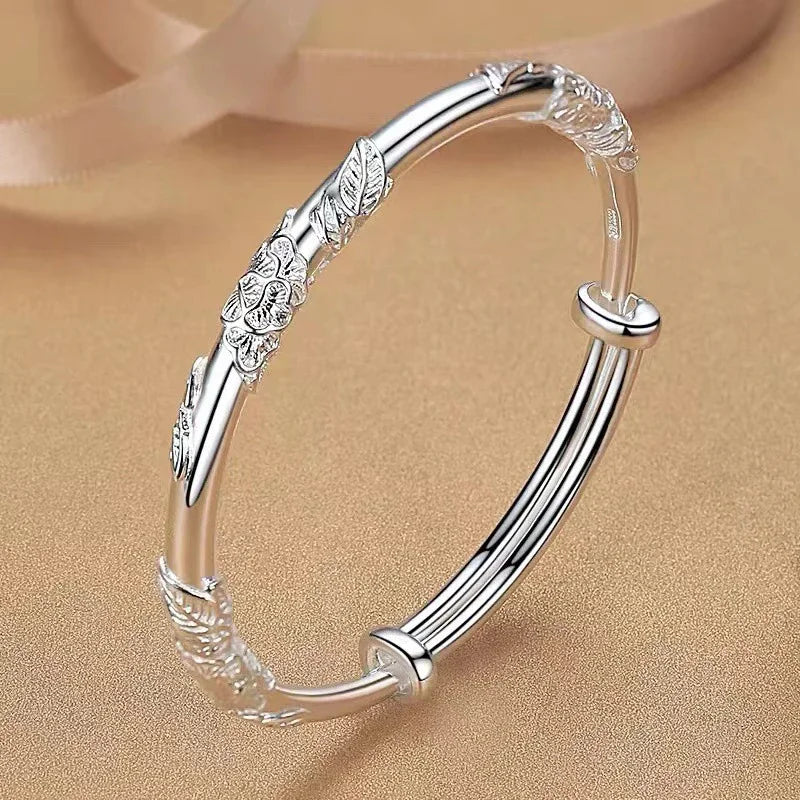 ALIZERO 925 Sterling Silber Vollblühende Blumen Armreif für Damen Filigrane Offene Verstellbare Armbänder Modeschmuck
