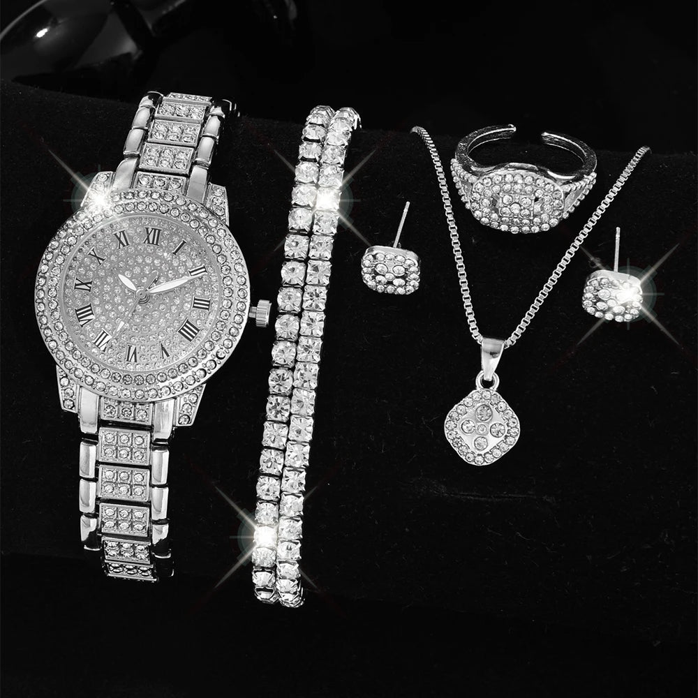 Luxus Damen Gold Uhr Mode Damen Quarz Diamant Armbanduhr Elegante weibliche Armbanduhr Set Reloj Mujer