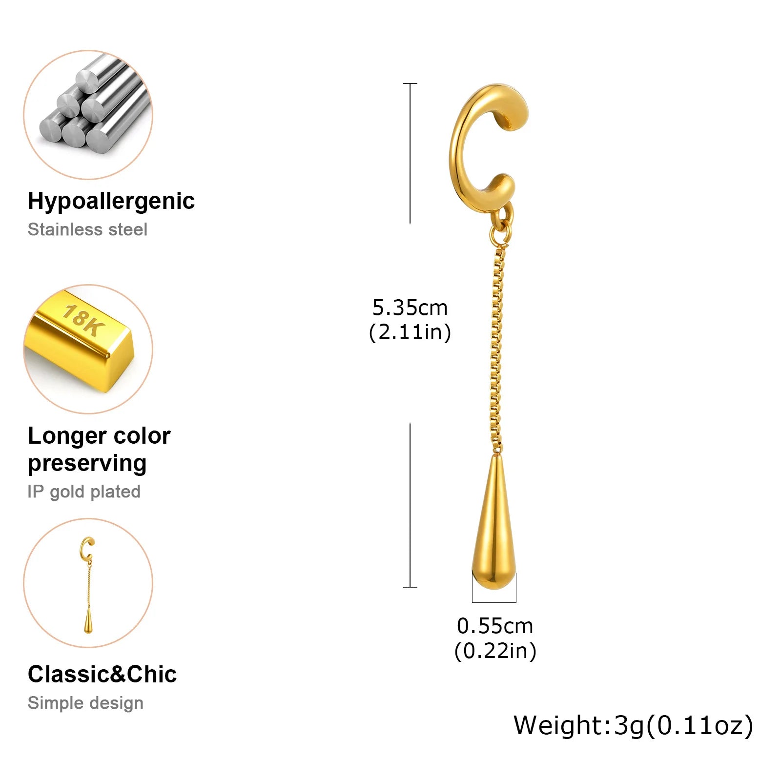 C-förmige Metall-Ohrklemme mit Quaste in Tropfenform für Damen, 1 Stück, keine Piercings, Ohrknorpel-Clips