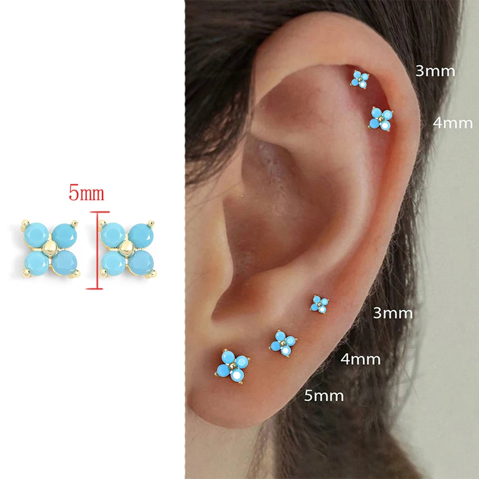 Yupsk Dainty Flower Stainless Steel Butterfly Stud Earrings for Women Cartilage Ear Ring Cute Zircon Gold Color Clover Jewelry