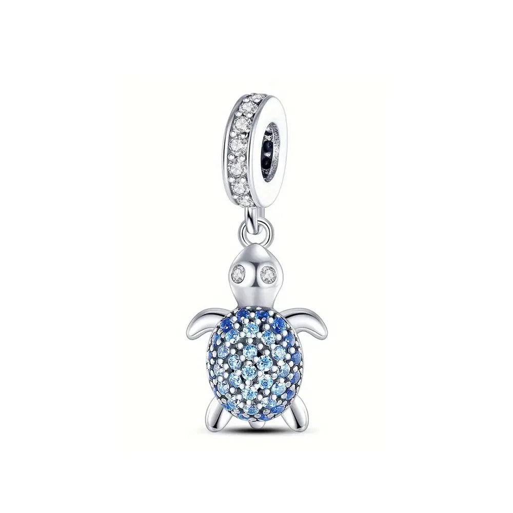 Europäische Sommer Blaue Serie Schildkrötenblumen-Anhänger Passend für S925 Europäisches 925 Sterling Silber Armband Armreifen Halskette