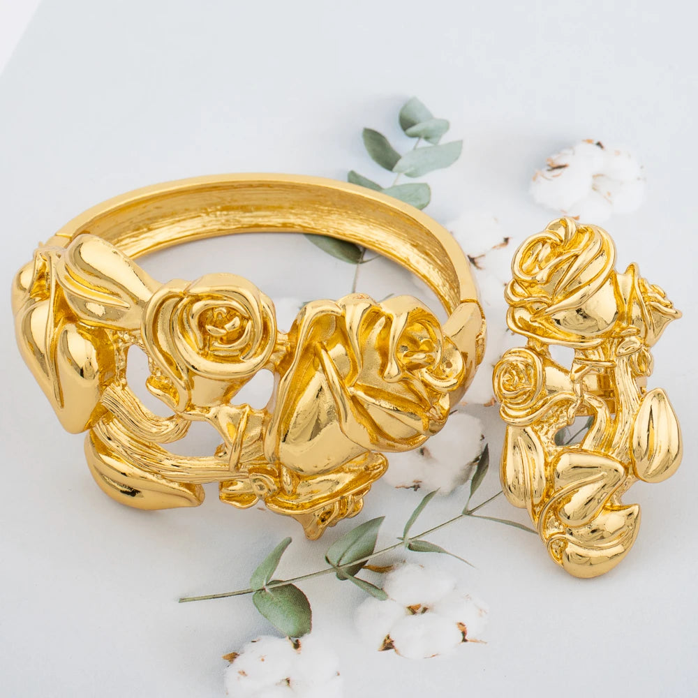 Großer Creolen-Armreif für Damen, Blumen, italienischer Dubai-Goldschmuck, Armband-Ring-Set, luxuriöses Kupfer, modisches Geburtstagsgeschenk