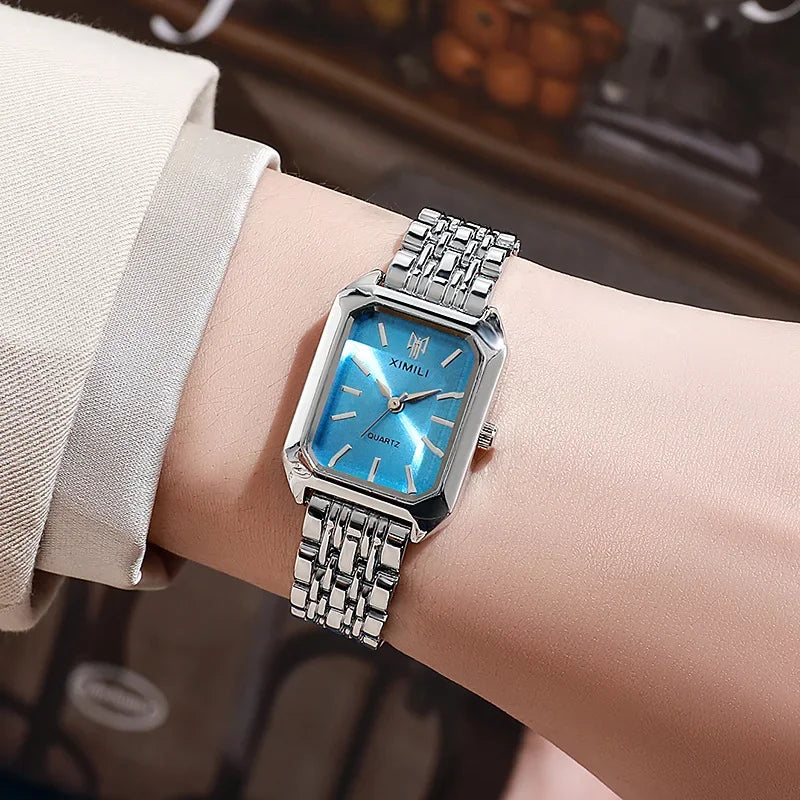 2025 Marca de moda de acero inoxidable correa de reloj para mujer, reloj de pulsera de cuarzo de lujo, reloj de cuarzo cuadrado simple para estudiantes