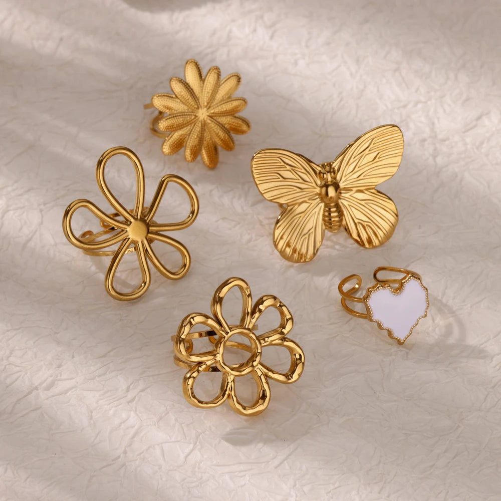 Edelstahl Blume Große Offene Ringe Für Frauen Gold Farbe Nachahmung Perle Hohlring Trendiger Ästhetischer Schmuck Geschenke