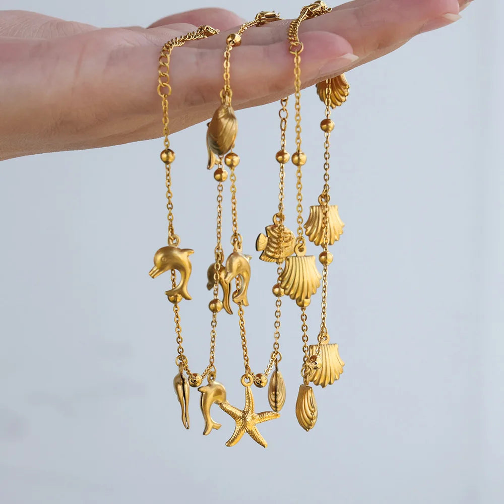 Sommer Strand Edelstahl Gold Farbe Kette Fußkette Für Frauen Seestern Muschel Delfin Fisch Charm Knöchel Armband Schmuck Geschenk