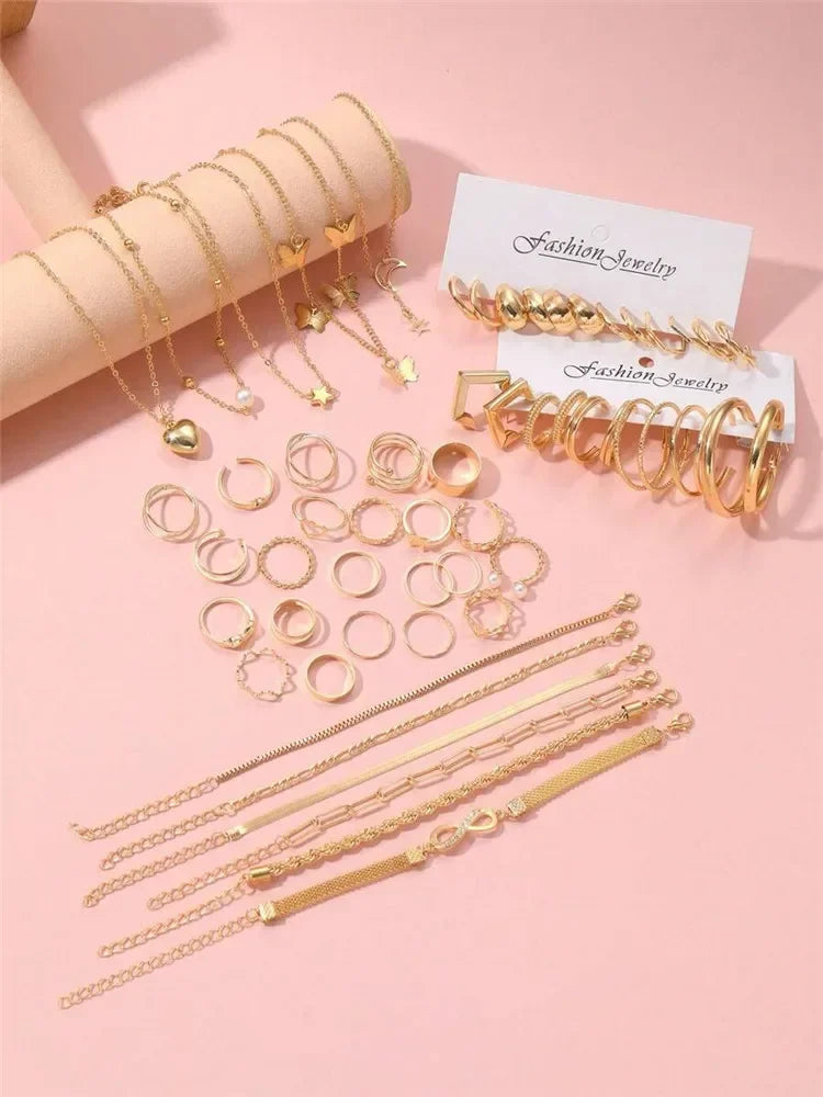 Neue 57-teilige Schmucksets für Damen, Metall, breite Ohrringe, Halsketten, Armbänder, Fußkettchen, Ringe, Kombinationsset