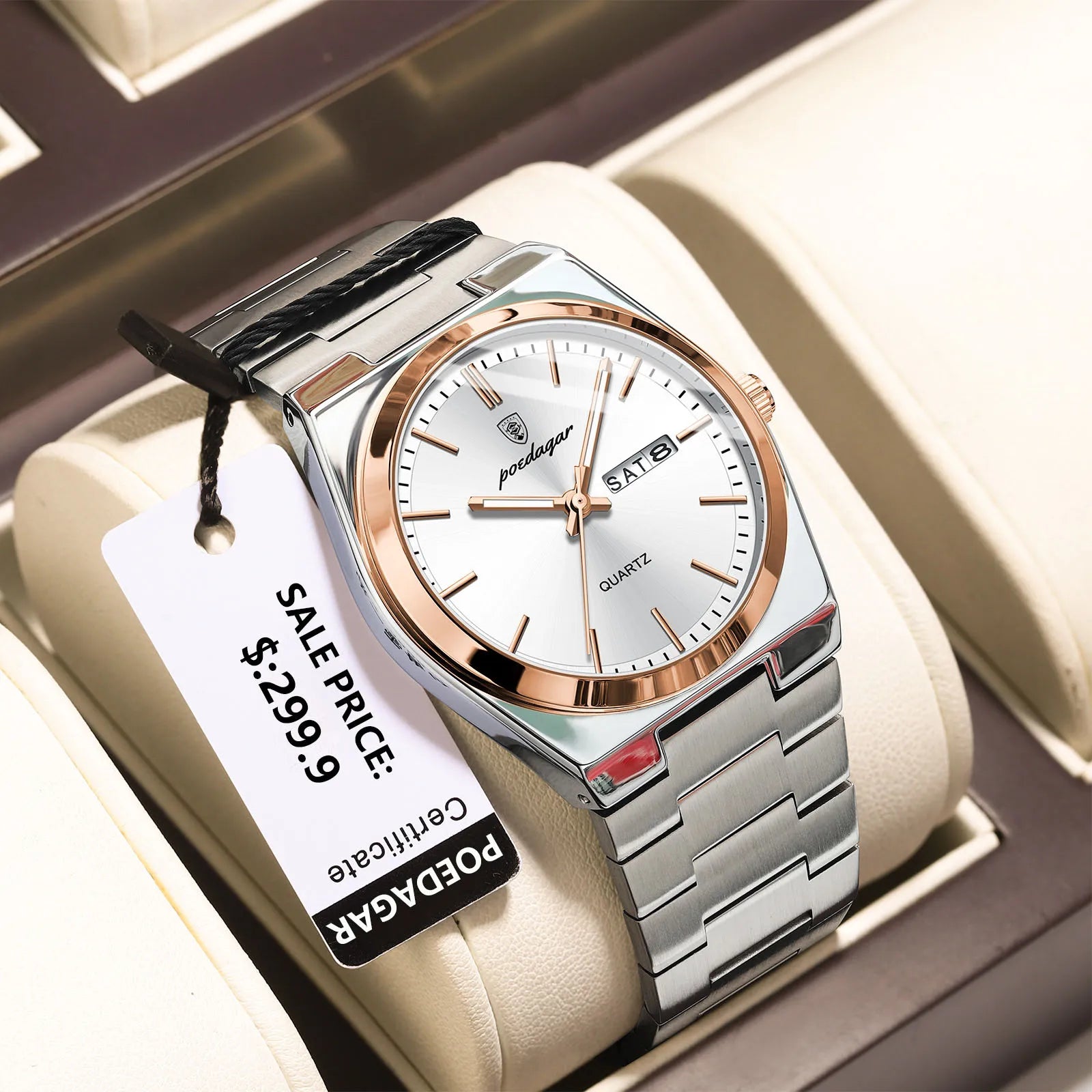 POEDAGAR Reloj de Pulsera de Cuarzo Deportivo de Lujo para Hombre, Impermeable, Luminoso, Fecha, Semana, Relojes para Hombres, Acero Inoxidable, Reloj de Hombre Masculino + caja