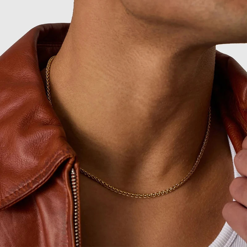 Diseño de collar de cadena de trigo de acero inoxidable hipoalergénico de gran venta para hombre con chapado en oro de 18k