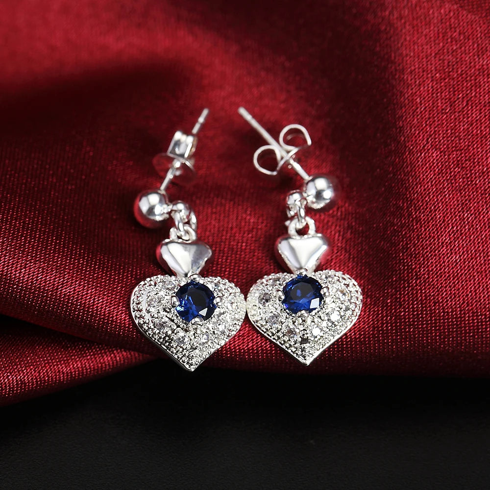 Juego de joyas de collar y pendientes de plata de ley 925 con corazón de cristal azul Noble caliente para mujer, regalo clásico, a la moda, elegante, para fiesta