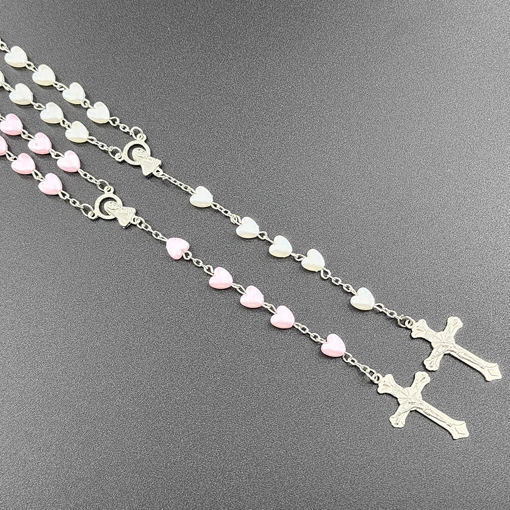 Rosenkranz-Halskette für Frauen, Kreuz INRI, Jungfrau Maria Anhänger, rosa Herz-Kette, weiblicher Religions-Gebets-Party-Schmuck