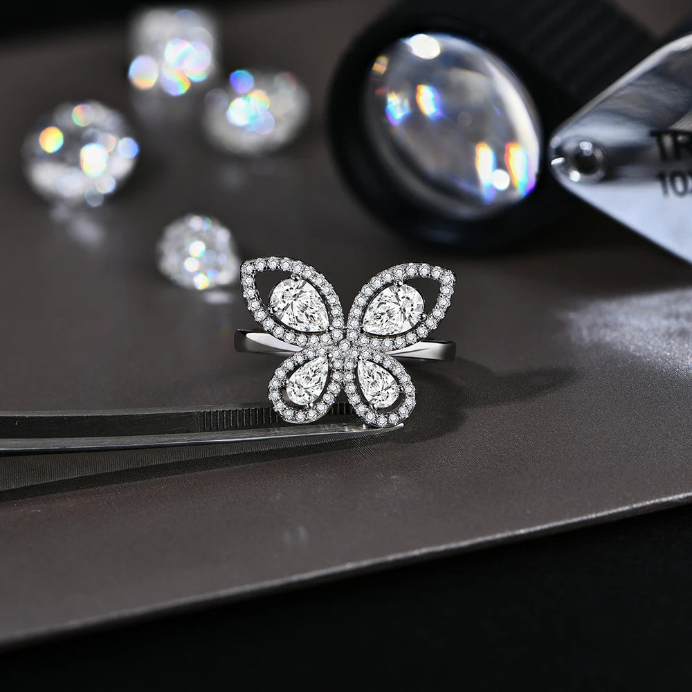 MINTYBOX Schmetterling Moissanit Ring für Damen Massiv 10k 14k Weißgold Tropfenschliff 6*4mm Besteht Diamantentest Verlobungsfeinschmuck