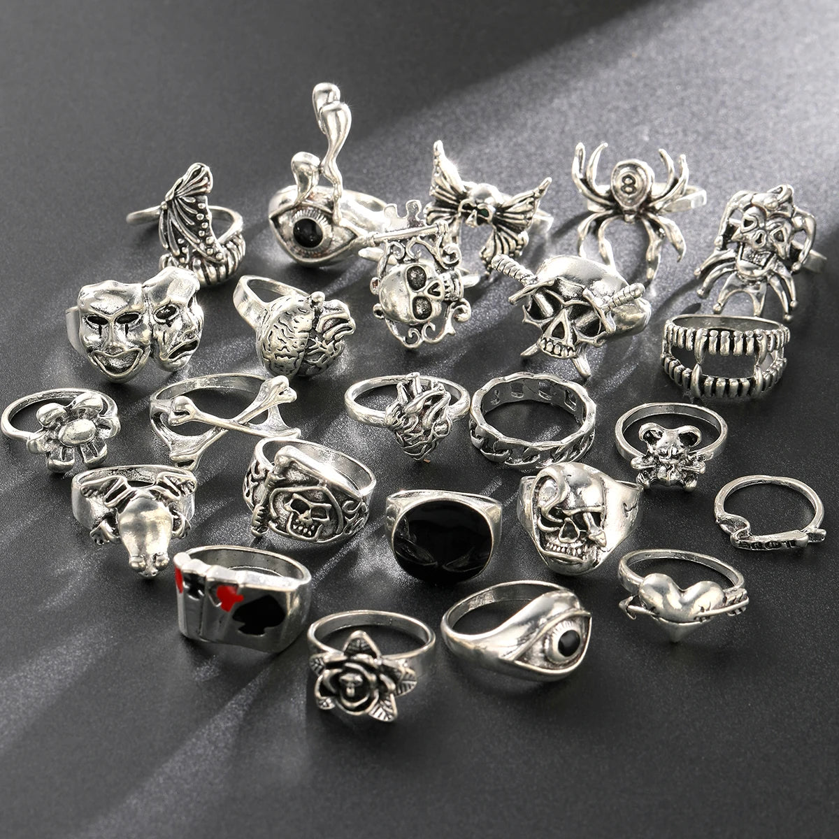 24-teiliges Gothic-Skelett-Unisex-Ring-Set Punk Grunge Schmetterling Frosch Damen Herren Schmuck Hip Hop Party Street Ring Accessoires Geschenk
